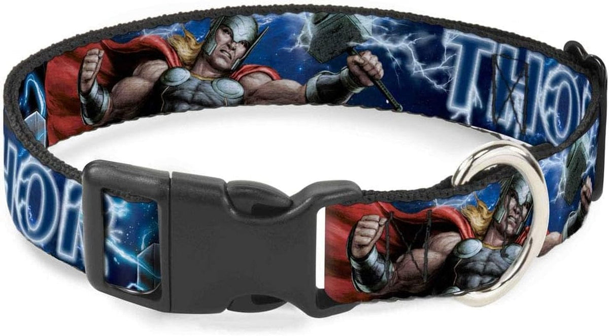 Marvel Comics Pet Collar, Dog Collar Plastic Buckle, Avengers Thor Hammer Action Pose Galaxy Blues White, 9.5 to 13 Inches 1.0 Inch Wide