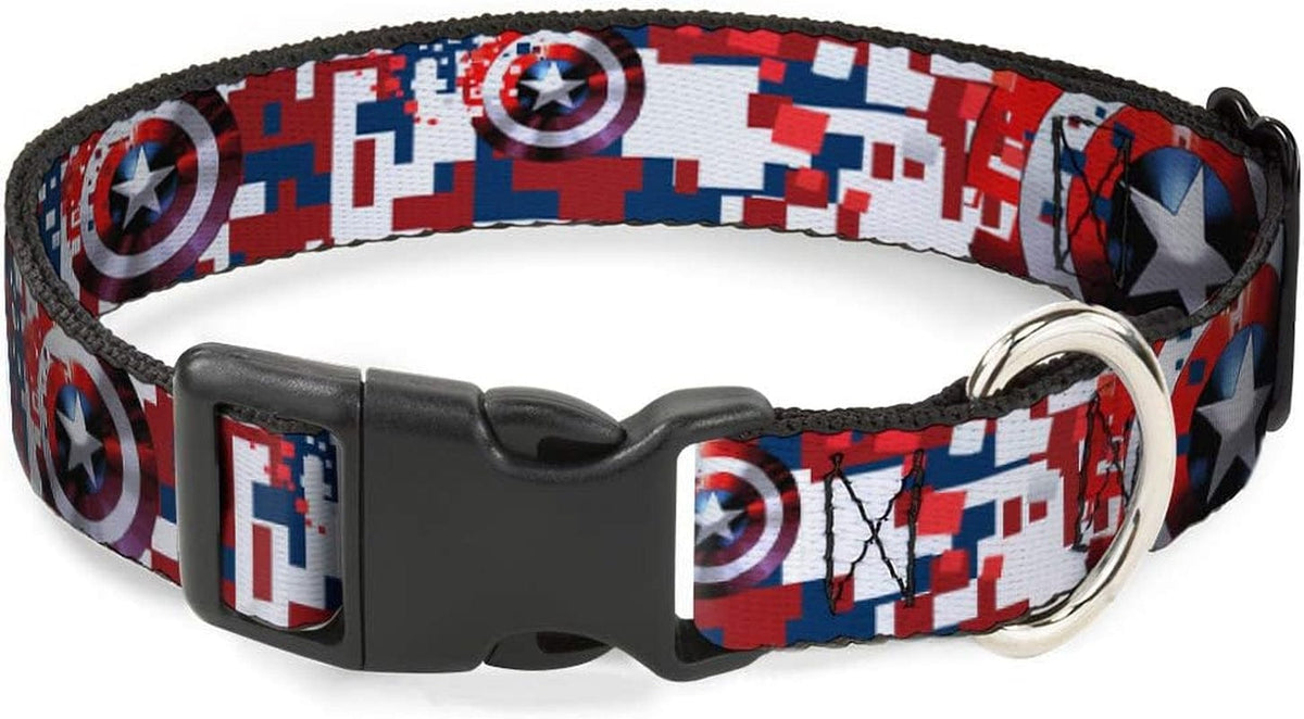 Dog Collar Plastic Clip Captain America Shield Digital Camo Blue White Red 15 to 26 Inches 1.0 Inch Wide