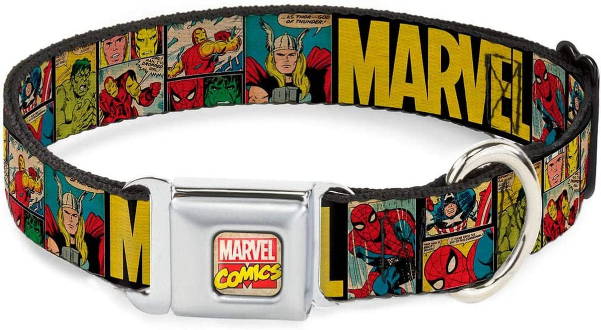 Professional title: "Buckle-Down Marvel/Retro Comic Panels Black/Yellow Dog Collar - 1.5" Wide - Small (Fits 13-18" Neck)"