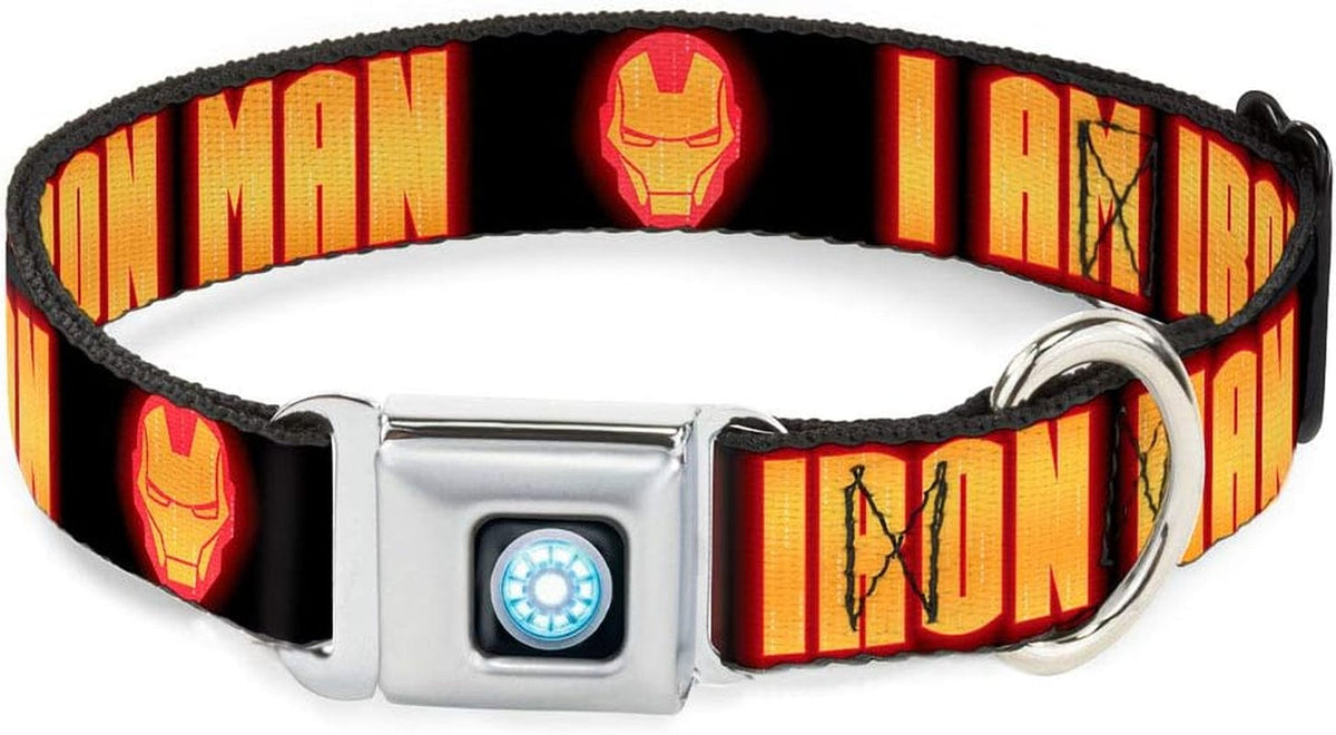 Buckle-Down Seatbelt Buckle Dog Collar - Iron Man Face/I AM IRON MAN Black/Yellow Glow - 1" Wide - Fits 11-17" Neck - Medium