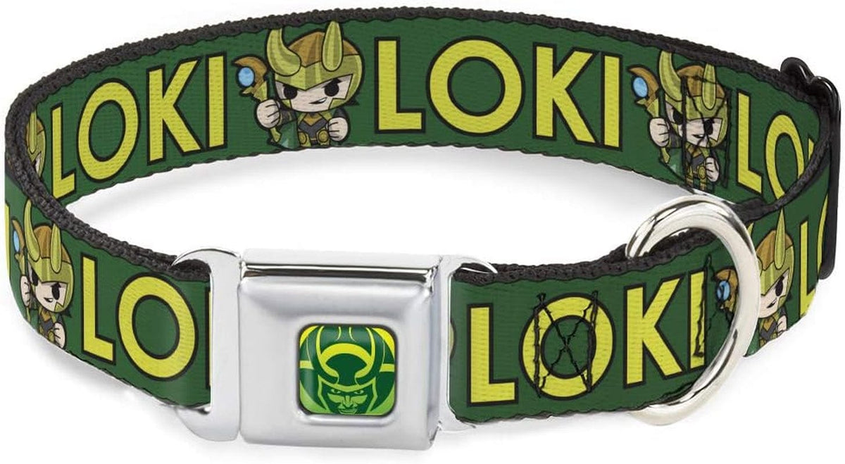 Buckle-Down Dog Collar Seatbelt Buckle Kawaii Loki Standing Pose Text Green Yellow 18 to 32 Inches 1.5 Inch Wide, Multi Color, (DC-SB-THAI-WTH024-1.5-L)