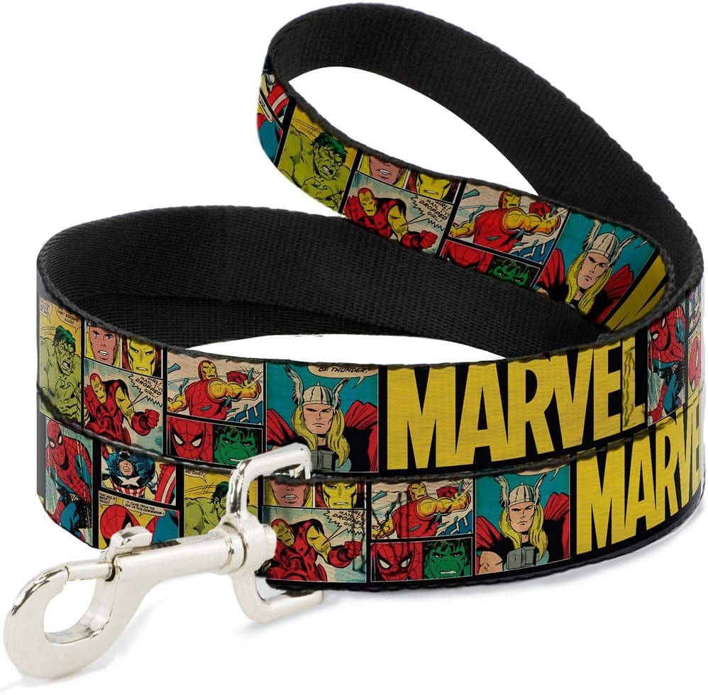 Professional title: "Marvel Retro Comic Panels Black and Yellow Dog Leash - 6 Feet Long, 1.5 Inch Wide"