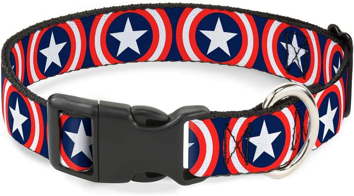 Professional title: "Buckle-Down Marvel Universe Captain America Shield Repeat Navy Plastic Clip Collar - Medium Size (11-17 inches)"
