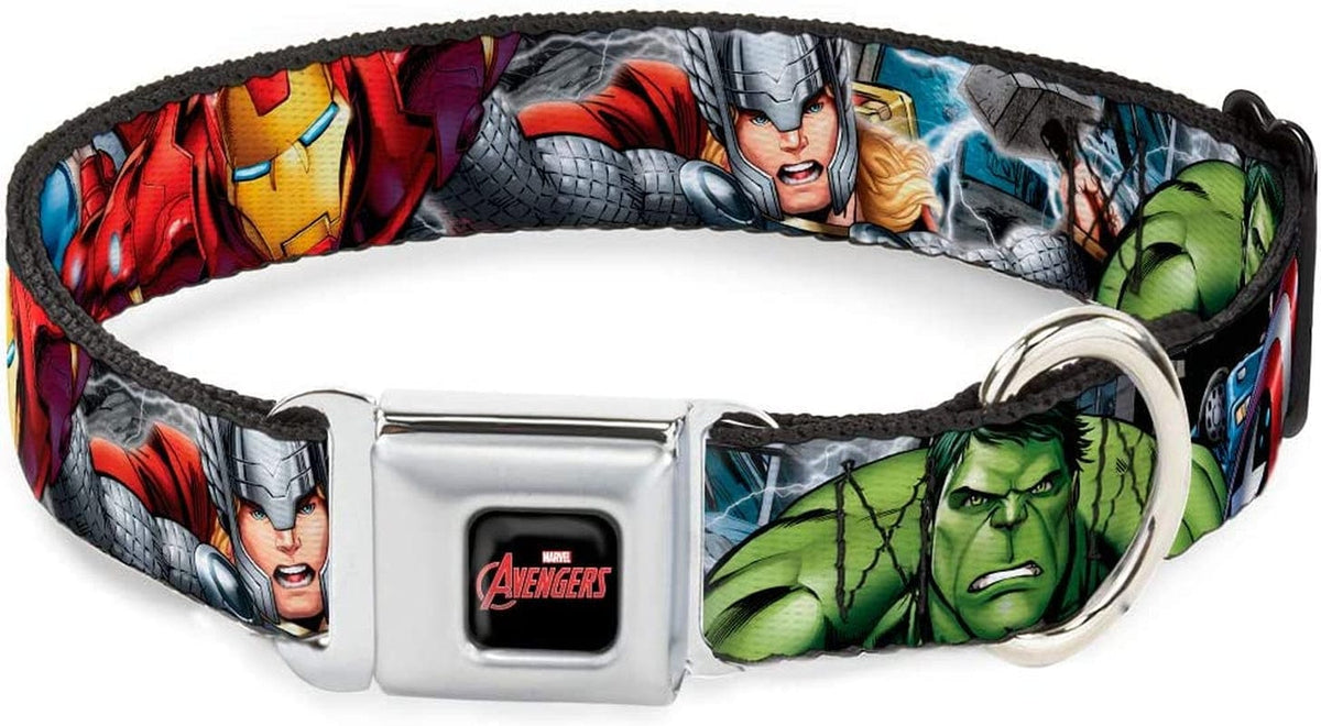 Professional title: "Marvel Avengers 4-Superhero Poses Close-Up Dog Collar with Buckle-Down Seatbelt Buckle, 1" Wide - Medium Size (Fits 11-17" Neck)"