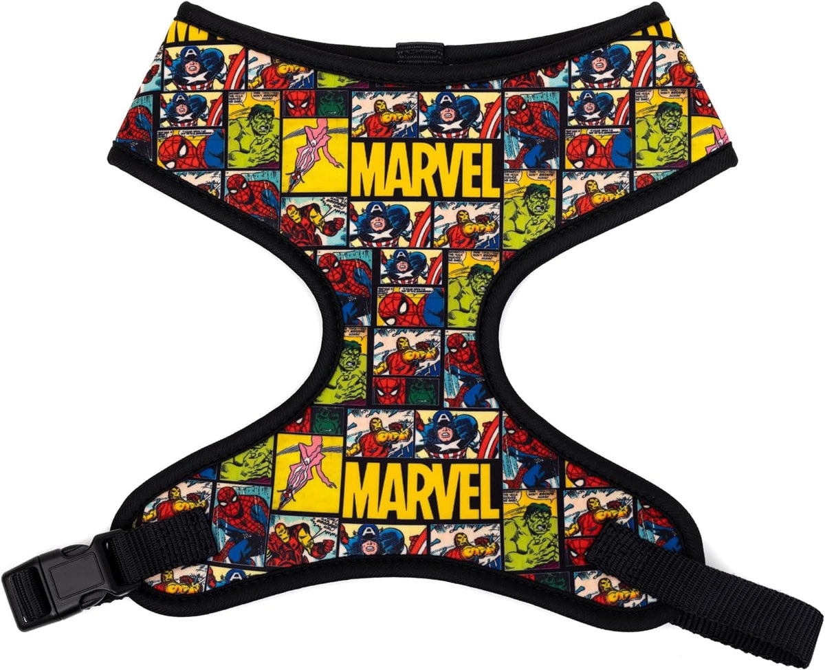 Professional title: "Marvel Comics Pet Harness with Plastic Buckle, Featuring Brick and Retro Comic Panels in Black and Yellow"