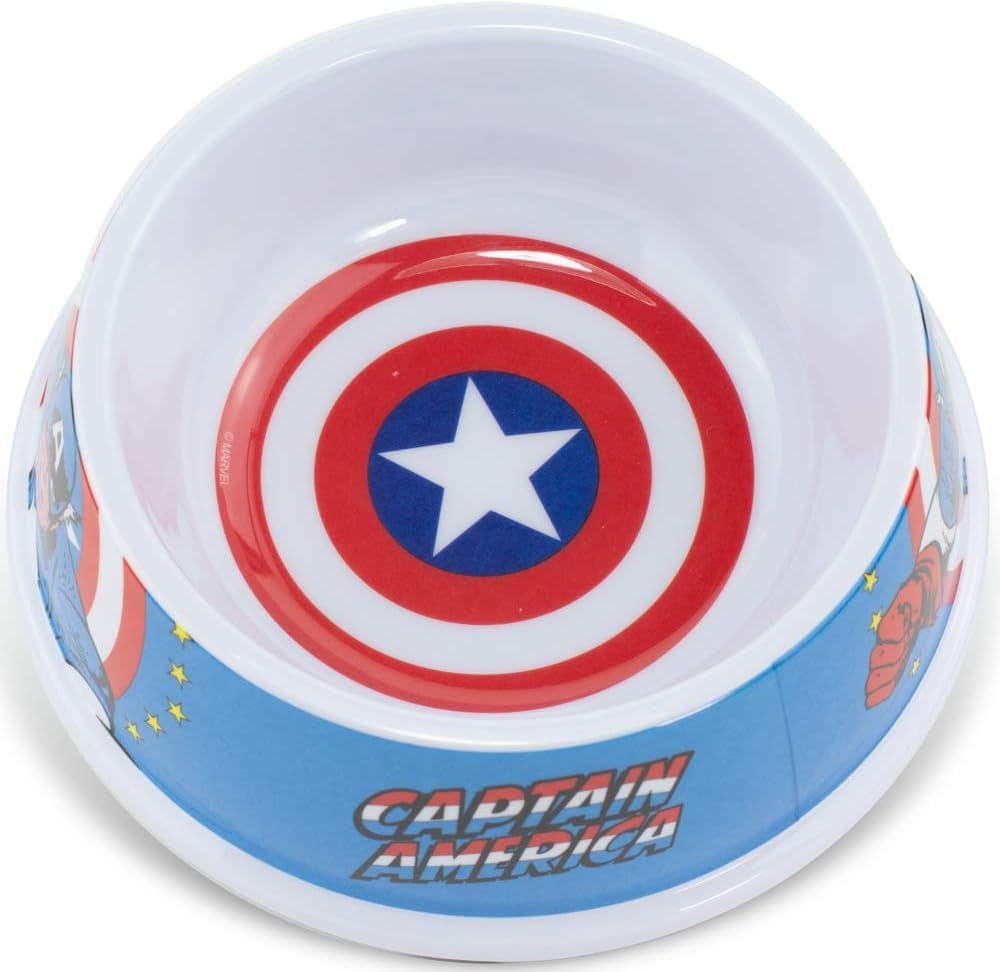 Professional title: "Buckle-Down Captain America Shield Action Pose Dog Food Bowl - Blue/Red/White, 16 Ounces, 8.2" x 8.2""