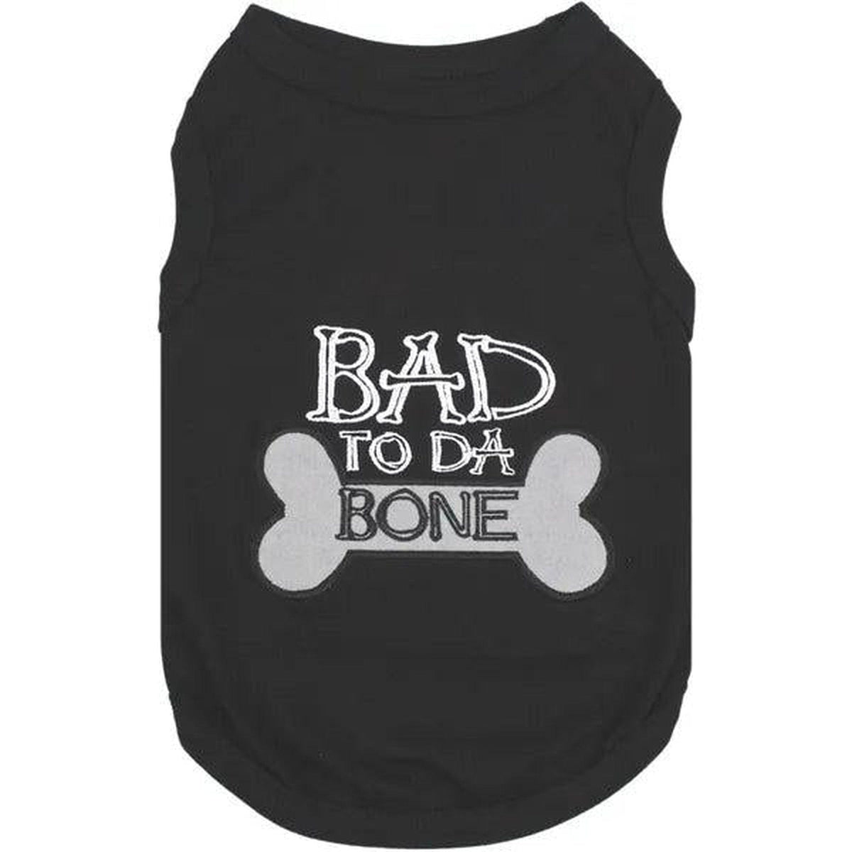 A black shirt with "Bad to Da Bone" embroidered in white text on it.

Revised Sentence: A black shirt with "Bad to Da Bone" embroidered in white text on it. (Product Name: 🐶 Embroidered Bad to Da Bone Dog Tee 👕, Brand Name: Pets Paradise)