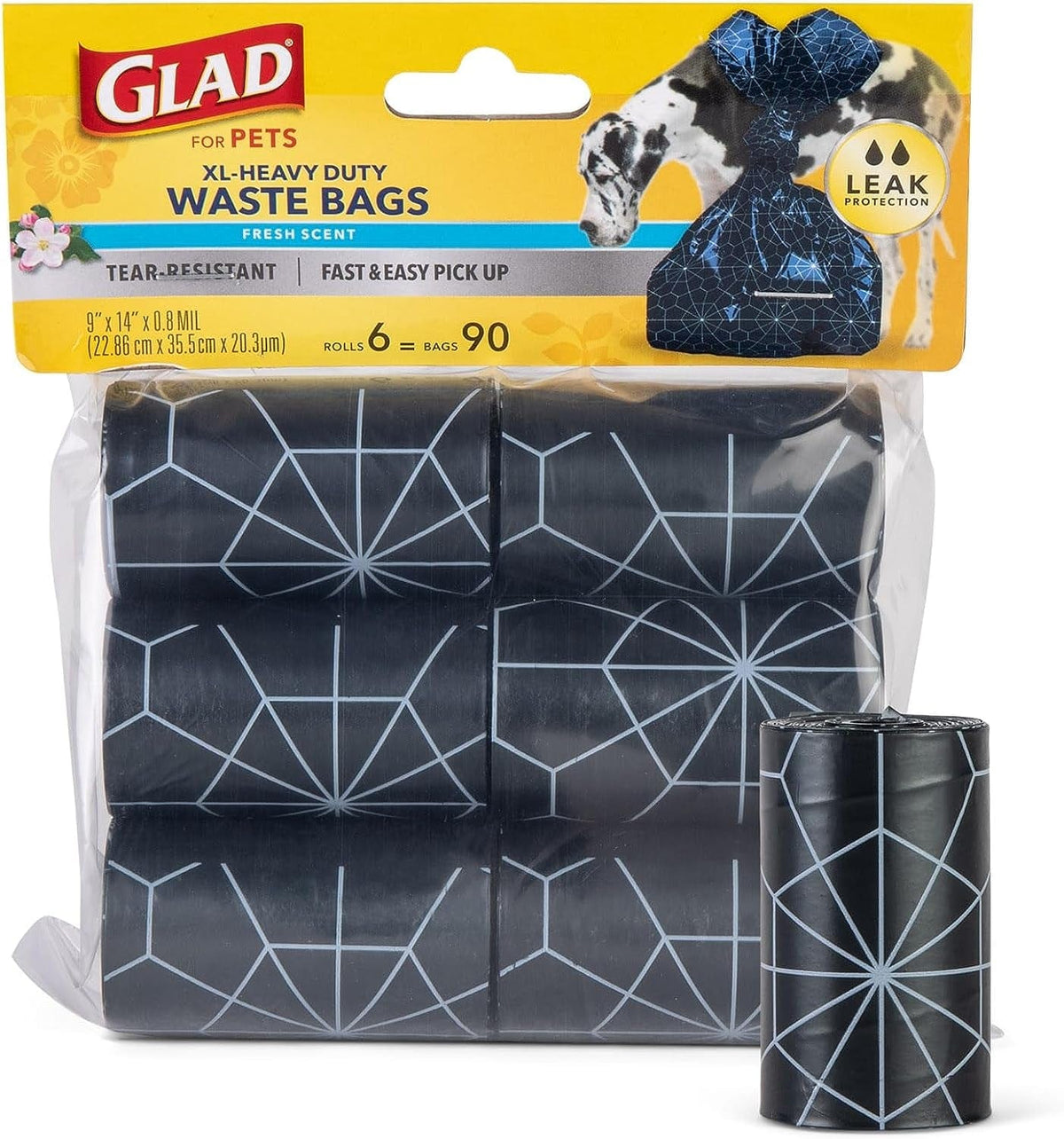 Glad for Pets Extra Large, Heavy Duty Scented Dog Waste Bags Refill Rolls, Fresh Scent | Tear Resistant Doggie Poop Bags for Dogs, 6 Rolls, Total 90 Count