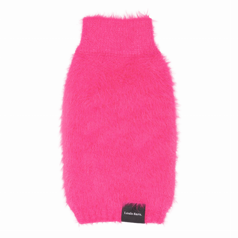Sentence with replaced product names: Bright pink Pawsitivly Plush Fashion Knit Pet Sweater on a white background.
